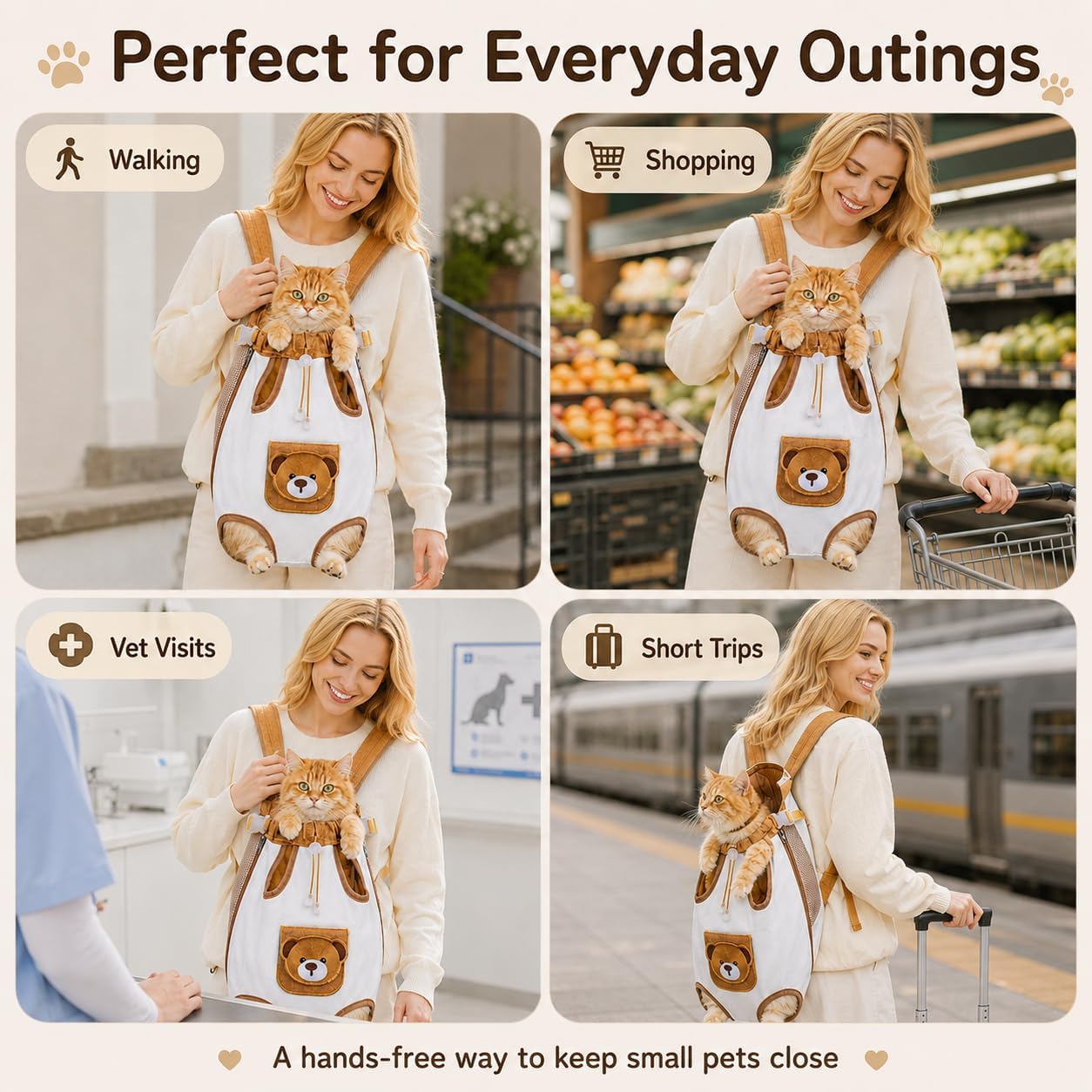 Cute Bear Front Pet Carrier Backpack, Breathable Adjustable Chest Bag for Cats & Small Dogs