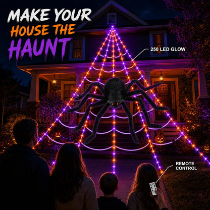 250-LED Purple & Orange Spider Web Lights with Giant Furry Spider