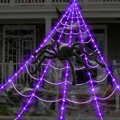 250-LED Purple & Orange Spider Web Lights with Giant Furry Spider