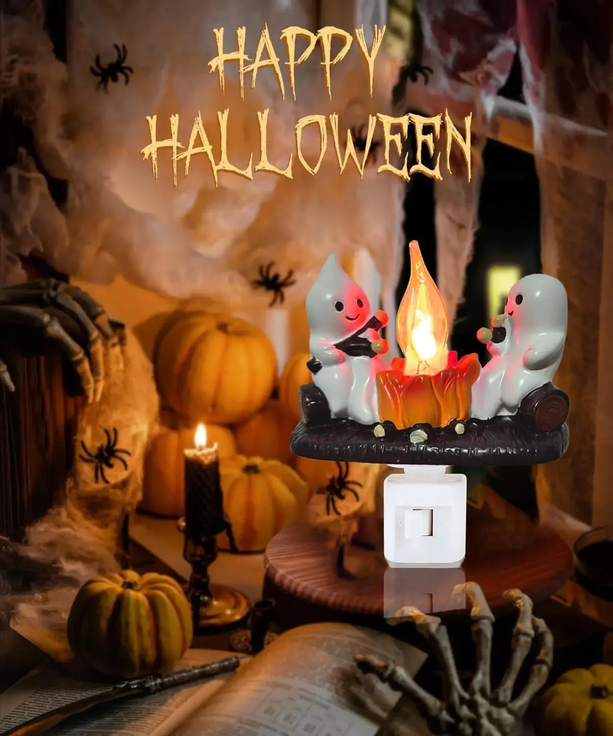 Ghost Campfire Night Light with Flickering Flame for Halloween Home Decor