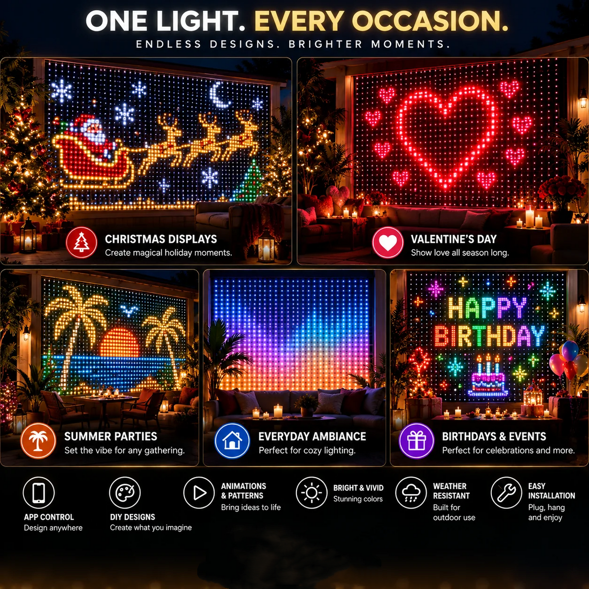 DIY LED Pixel Curtain Lights – App-Controlled Animated Christmas Display Screen