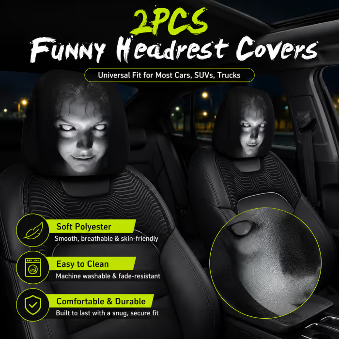 Funny Cartoon Car Headrest Covers – 2PCS Universal Fit