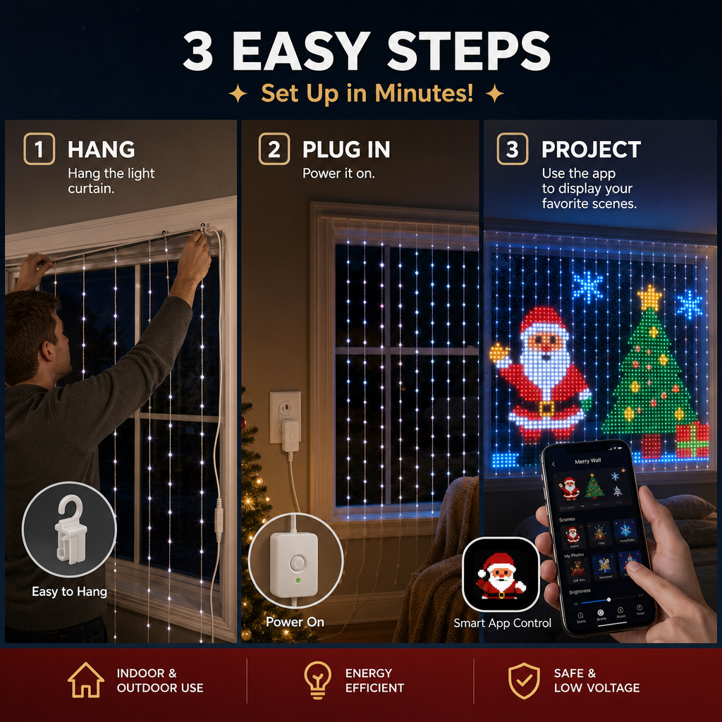 DIY LED Pixel Curtain Lights – App-Controlled Animated Christmas Display Screen